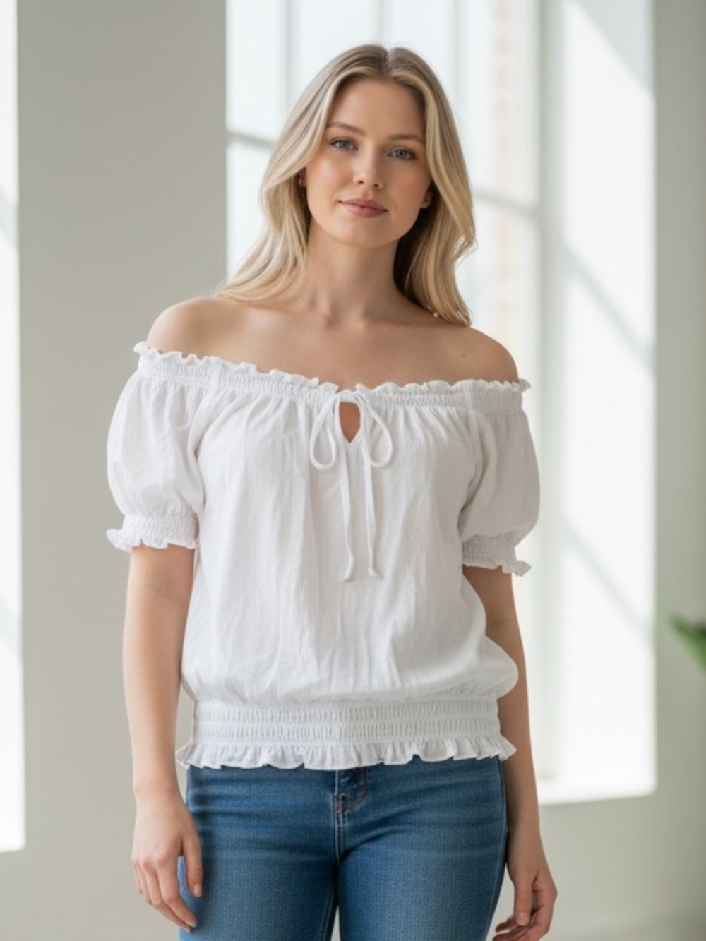 Derek Heart White Peasant Tunic with Tie Neck